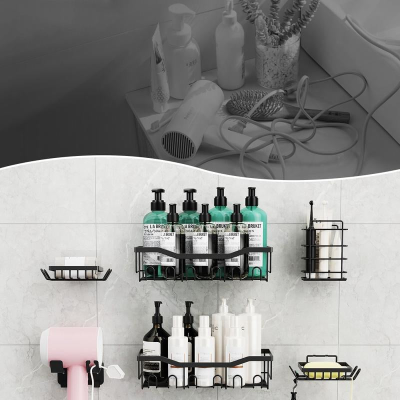 Shower Storage Shelf Bathroom Shower Shelves, Wall Shelves for Shower Storage, Rustproof Stainless Steel Drill-Free Shelves, 6 Piece Large Capacity Shower Hanging Shelves. White