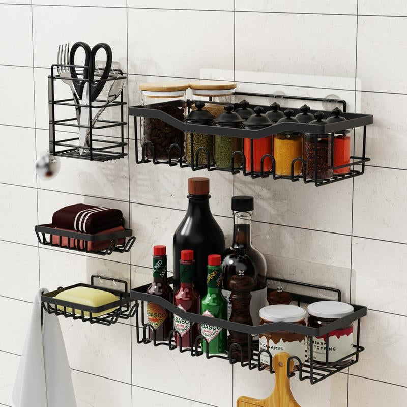Shower Storage Shelf Bathroom Shower Shelves, Wall Shelves for Shower Storage, Rustproof Stainless Steel Drill-Free Shelves, 6 Piece Large Capacity Shower Hanging Shelves. White