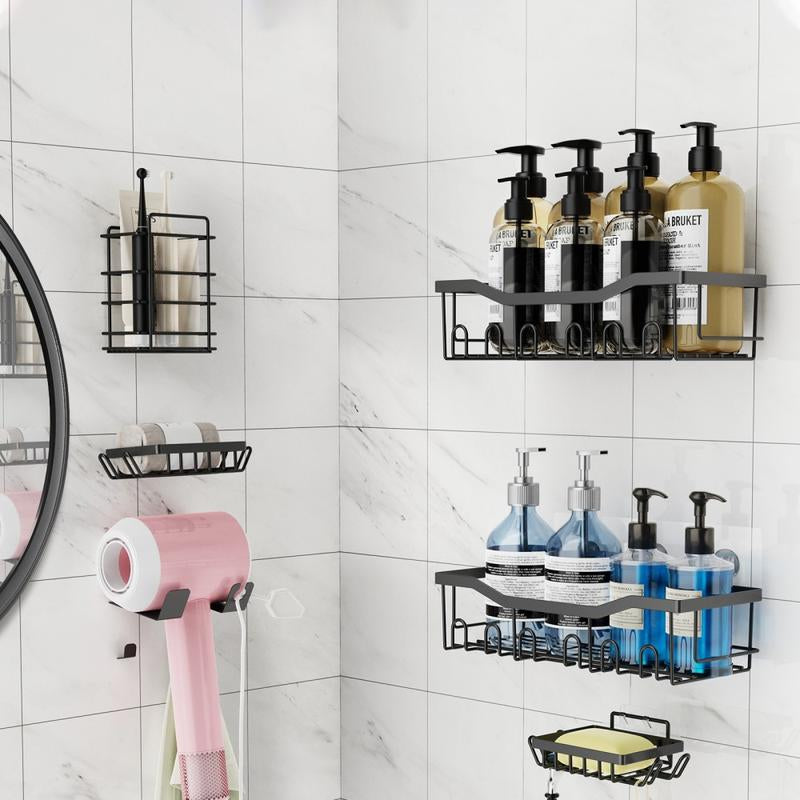 Shower Storage Shelf Bathroom Shower Shelves, Wall Shelves for Shower Storage, Rustproof Stainless Steel Drill-Free Shelves, 6 Piece Large Capacity Shower Hanging Shelves. White