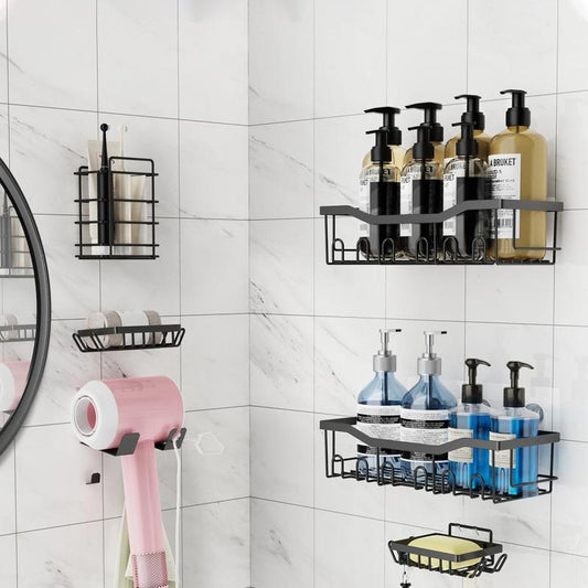 Shower Storage Shelf Bathroom Shower Shelves, Wall Shelves for Shower Storage, Rustproof Stainless Steel Drill-Free Shelves, 6 Piece Large Capacity Shower Hanging Shelves. White