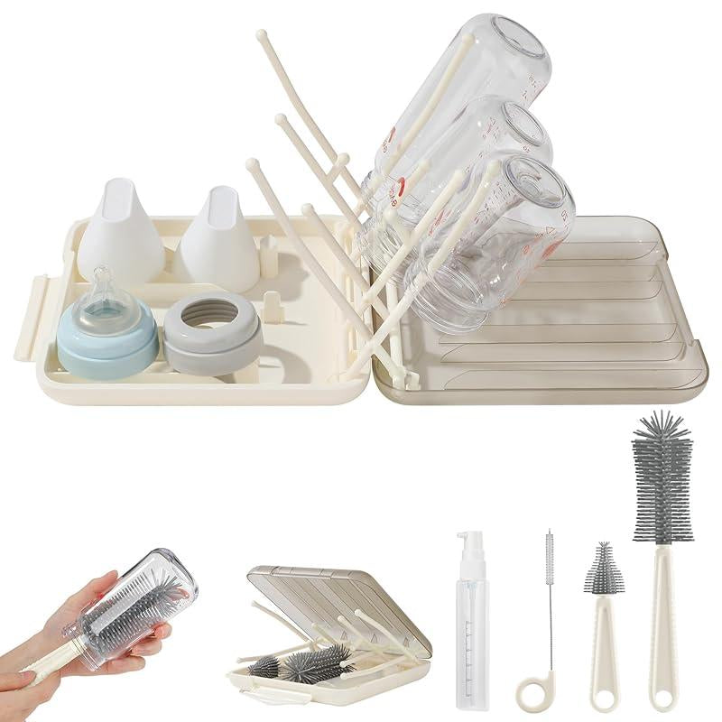 6 - in - 1 Bottle Brush Set: Baby Travel Essential.Includes Drying Rack, Storage Box.Compact, Portable.Food - Grade Silicone, BPA - Free.Ideal for Parent - Child Travel.Perfect Gift for New Moms.Keeps Baby Items Clean & Safe.