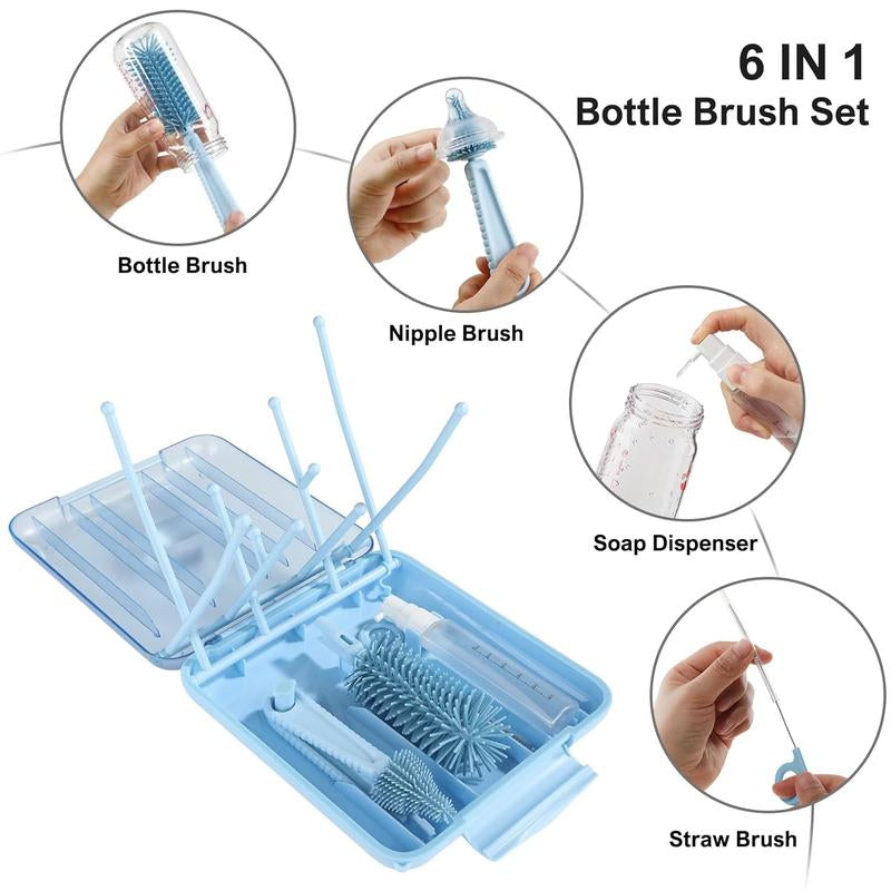6 - in - 1 Bottle Brush Set: Baby Travel Essential.Includes Drying Rack, Storage Box.Compact, Portable.Food - Grade Silicone, BPA - Free.Ideal for Parent - Child Travel.Perfect Gift for New Moms.Keeps Baby Items Clean & Safe.