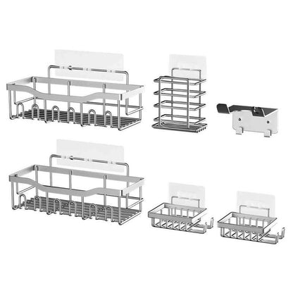 Shower Storage Shelf Bathroom Shower Shelves, Wall Shelves for Shower Storage, Rustproof Stainless Steel Drill-Free Shelves, 6 Piece Large Capacity Shower Hanging Shelves. White
